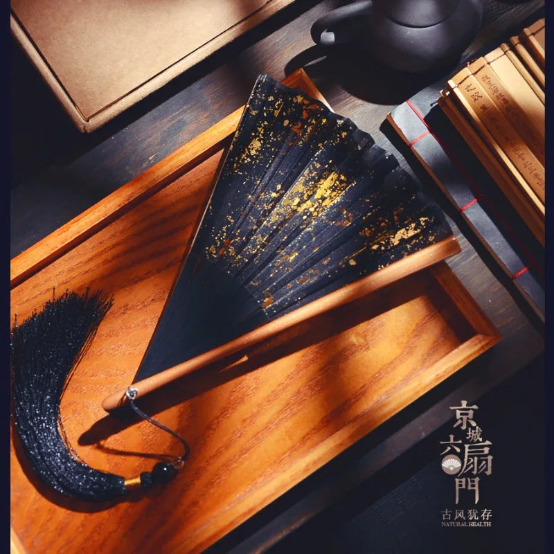 Gold Sprinkled Silk Folding Fan 6 Inch Pocket Size Sino Japanese Style Classic Handheld Decor for Ladies Daily Wear Oasis Select