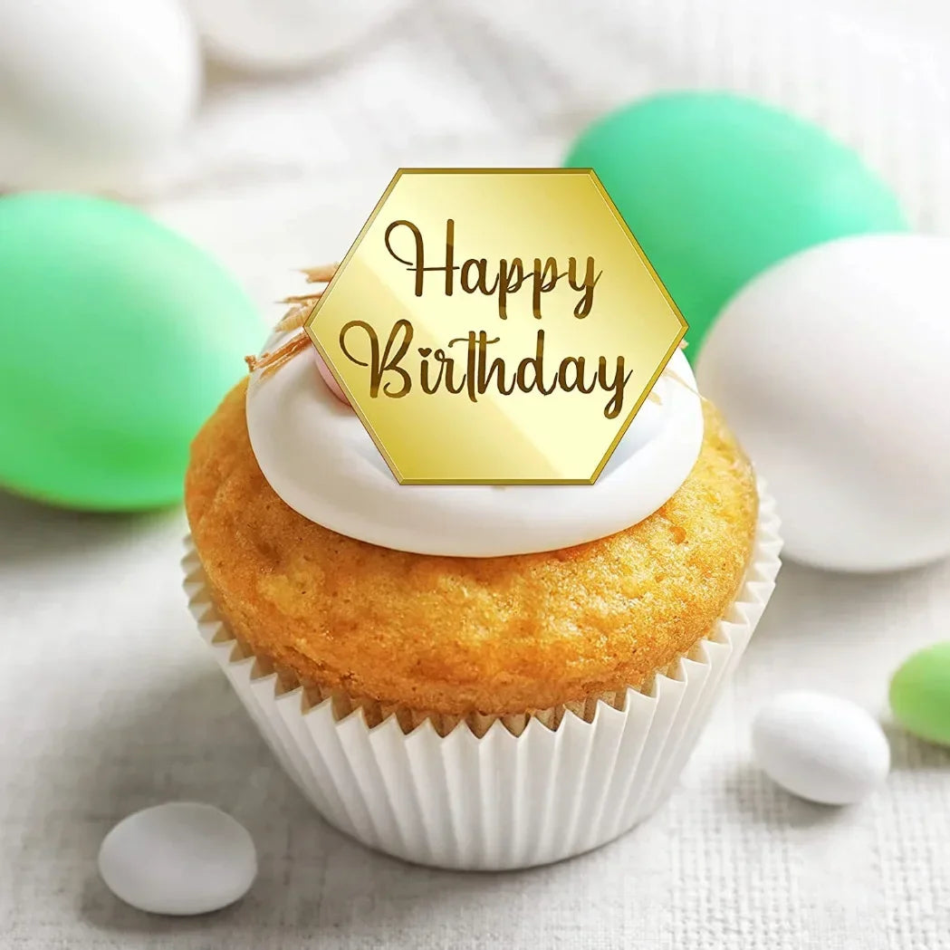 10pcs Happy Birthday Cupcake Toppers Gold Acrylic Circle Dessert Cake DIY Decorations Insert Card Kids Birthday Party Decoration Oasis Select