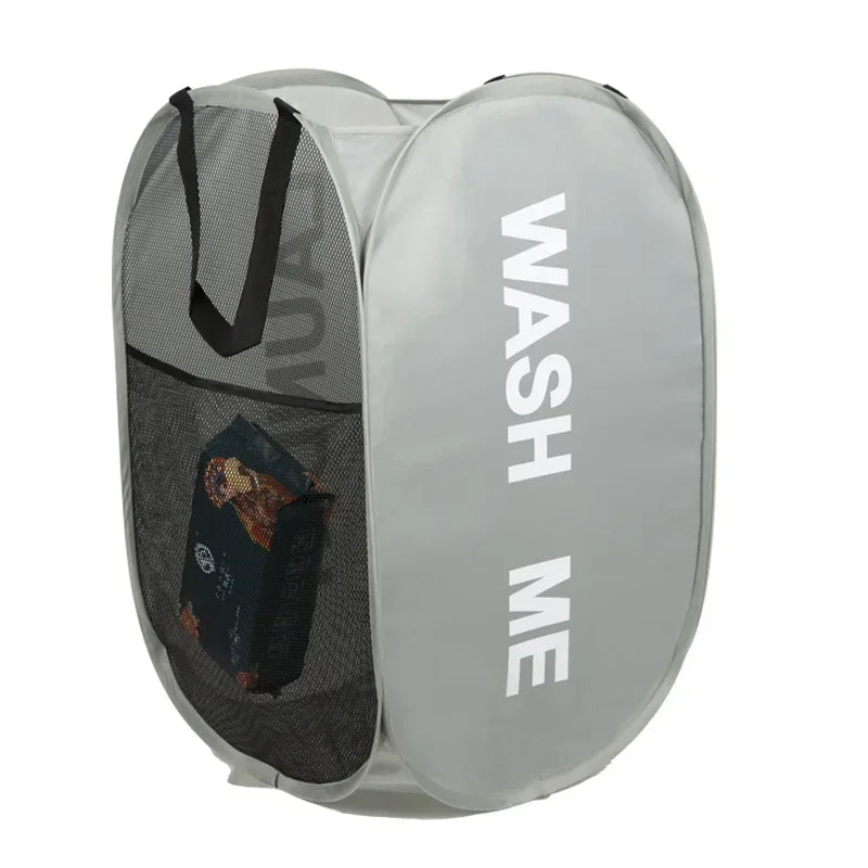 Portable Mesh Pop Up Laundry Hamper Wide Opening Breathable Collapsible Space-Saving Laundry Basket Dorm Travel Bathroom Items Oasis Select Grey