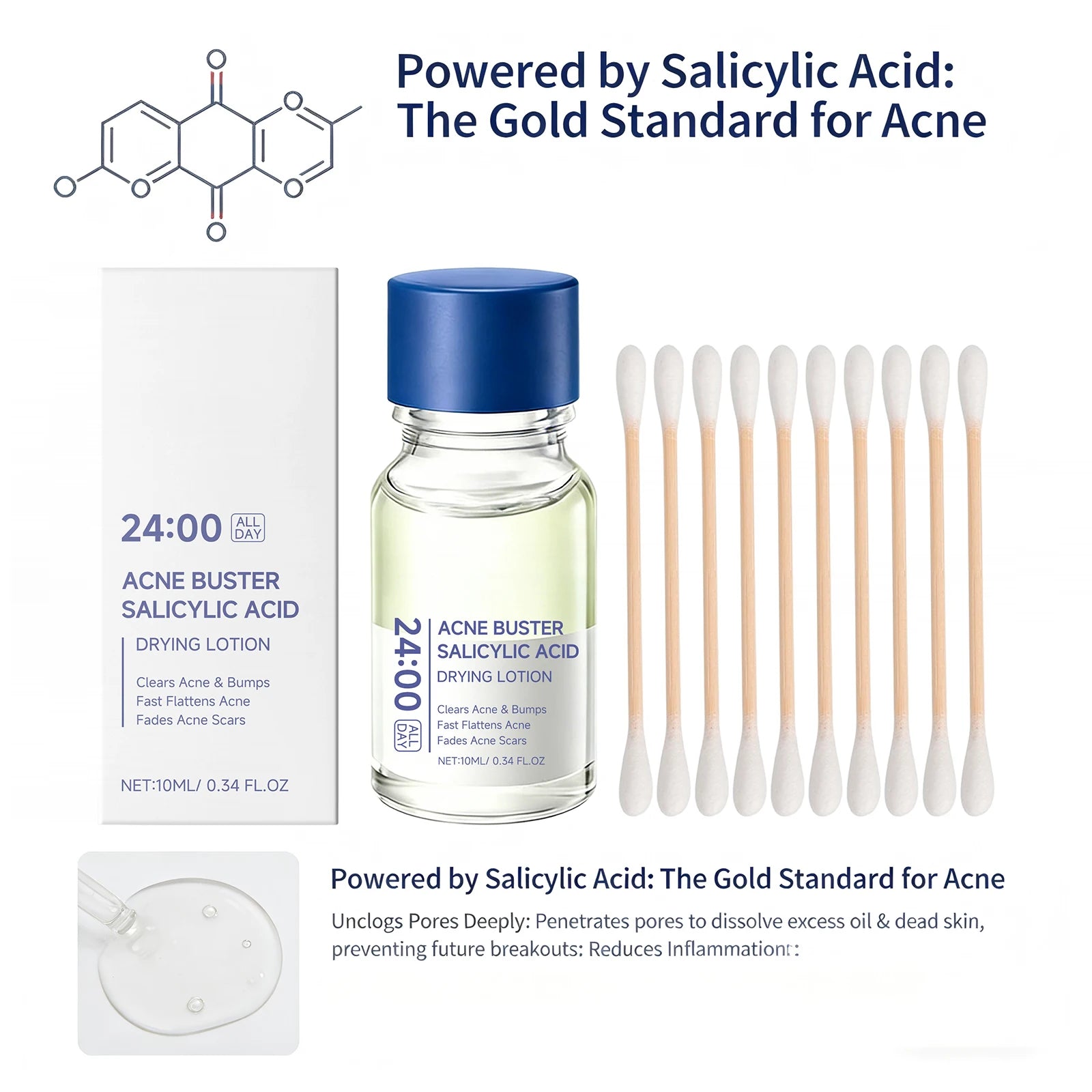 Salicylic Acid Drying Lotion Face Serum with Cotton Swab– Reduce Pimples & Breakouts Fade Acne Scars Minimize Pores Skin Renewal Oasis Select