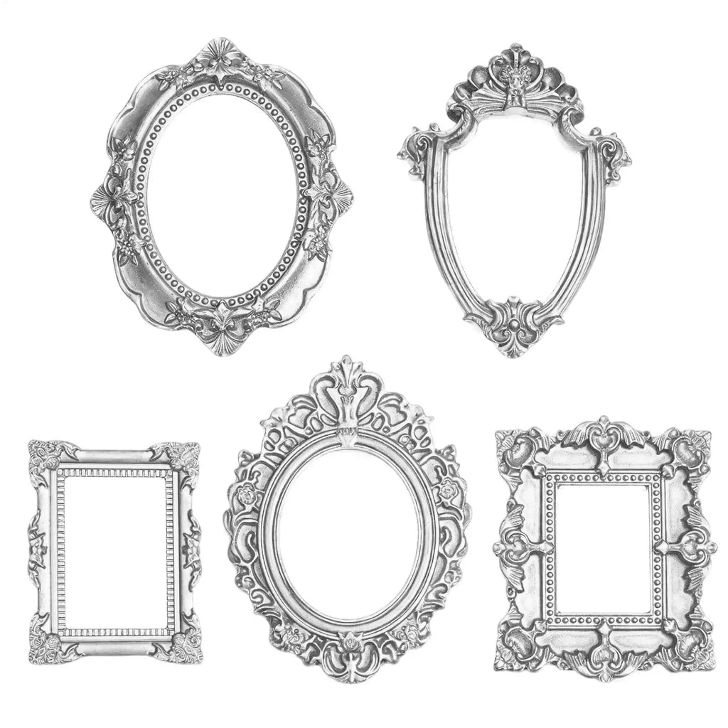 5pcs Retro silver Miniature Photo Frames Baroque Resin Mini Photo Frame Accessory Mini House European Vintage Frame Decoration Oasis Select