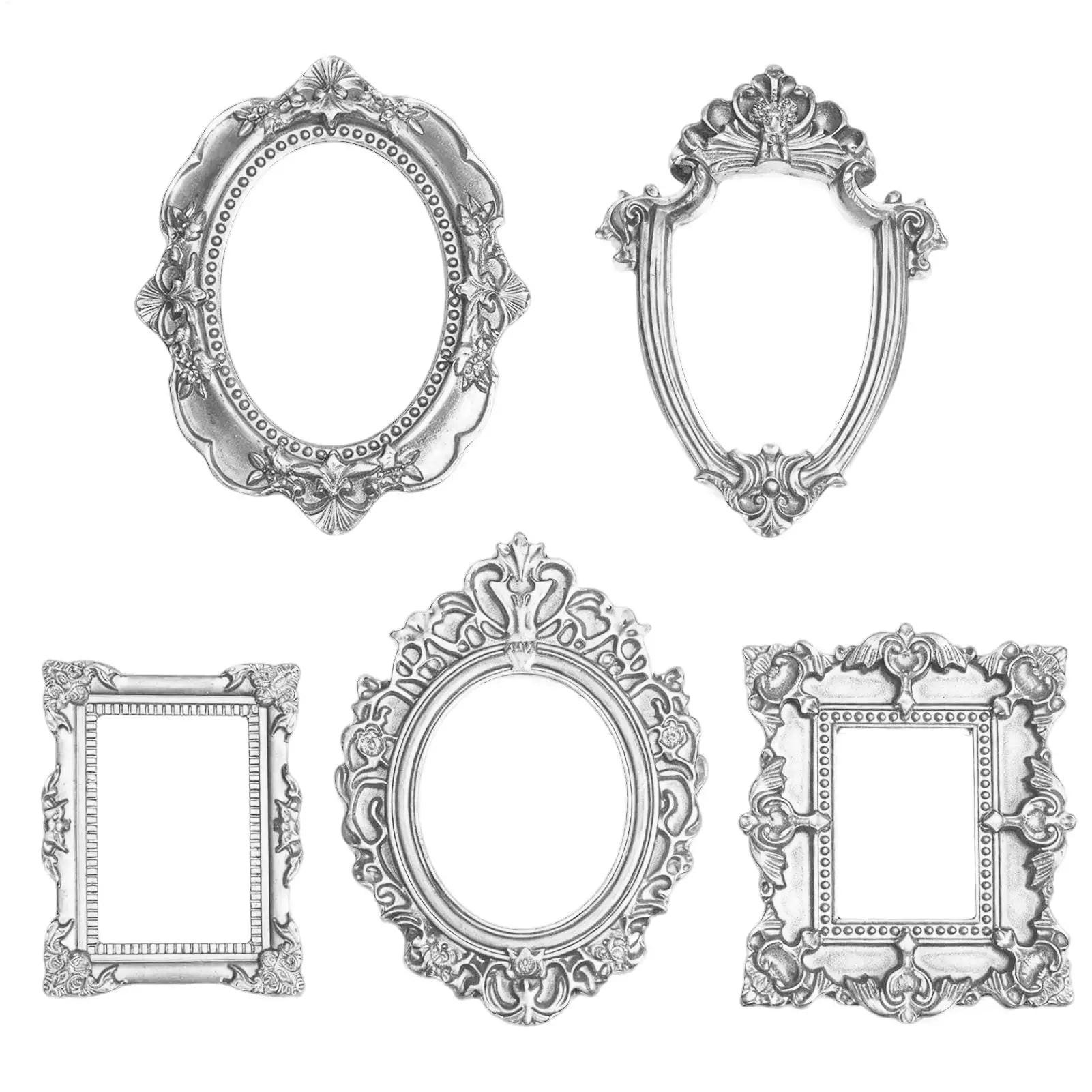 5pcs Retro silver Miniature Photo Frames Baroque Resin Mini Photo Frame Accessory Mini House European Vintage Frame Decoration Oasis Select