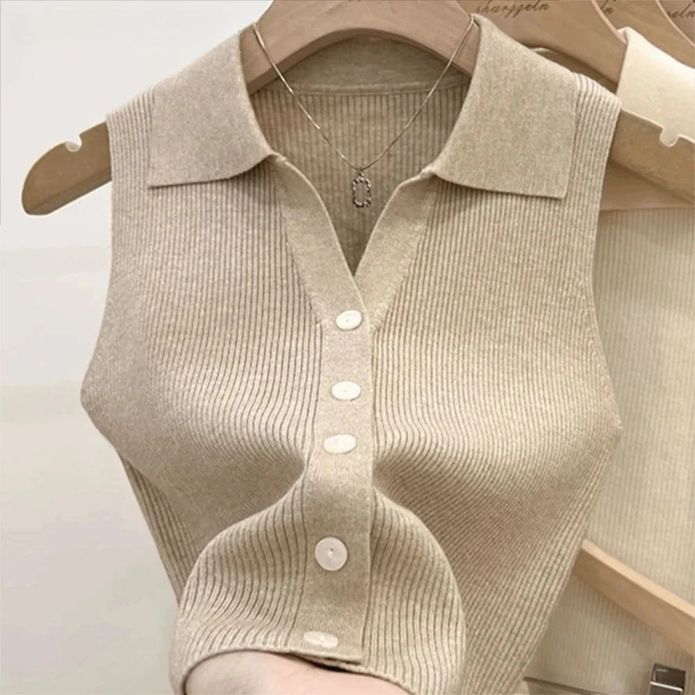 Lapel Ice Silk Slim Fit Vest for Women Summer Early Fall Thin Knit Tank Top Sleeveless Short Sleeve Casual Layering Outwear Oasis Select One Size Khaki-