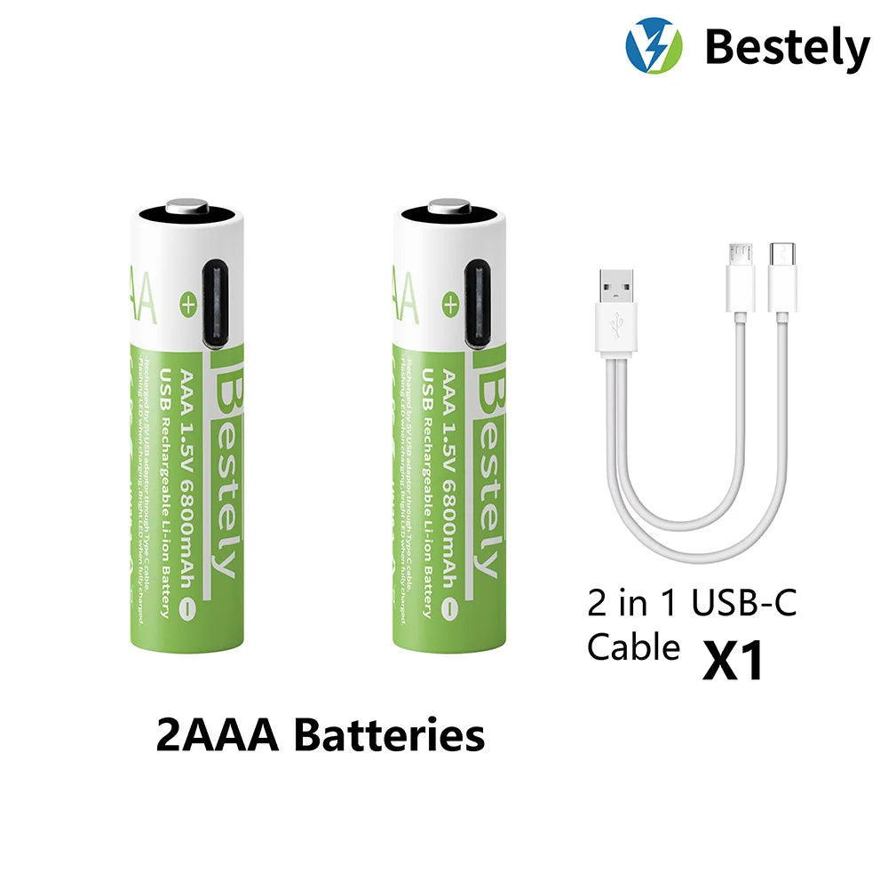 AAA Battery Rechargeable 2000+ Cycles 1.5V 6800mAh Li-ion Type-C Charging Triple Safety Long-Lasting Power Batteries Oasis Select 2 pcs AAA Batteries
