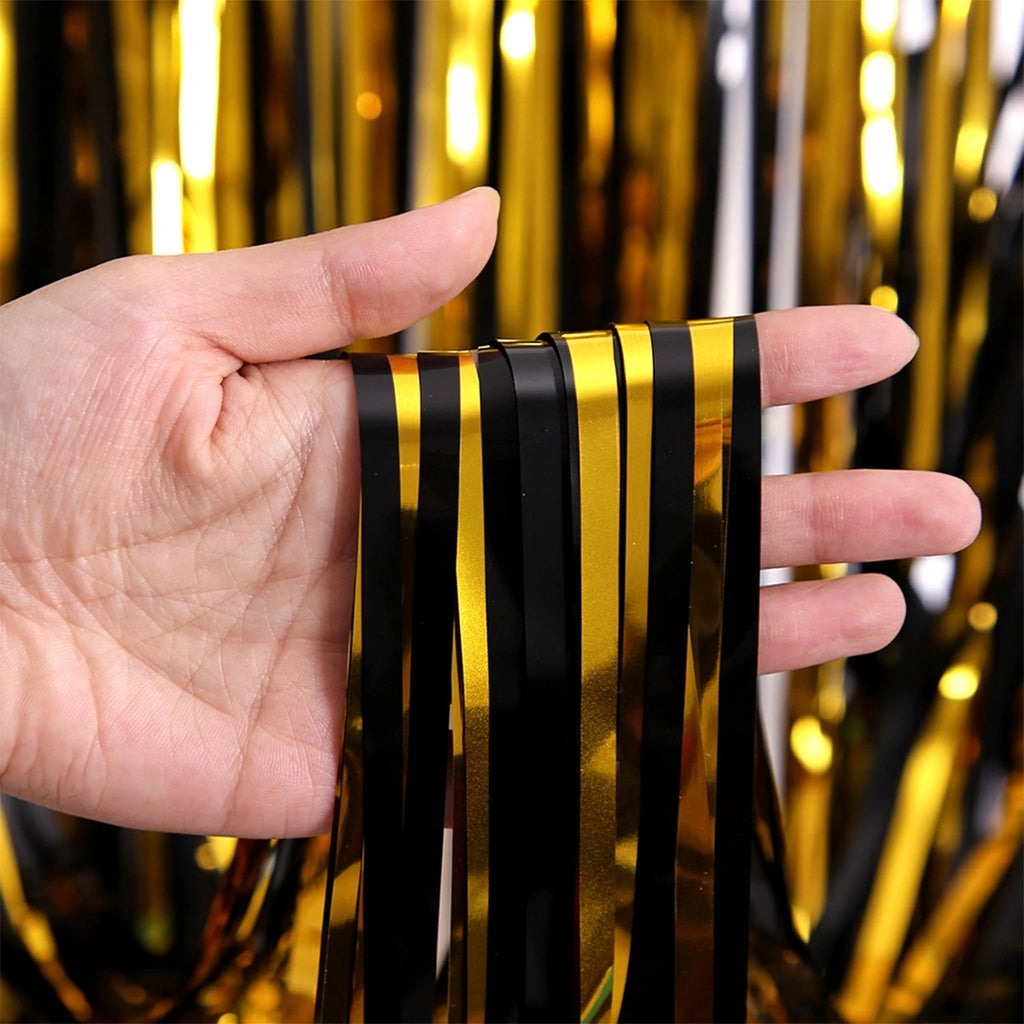 Birthday Party Decorations Backdrop Curtains Glitter Black Gold Tinsel Fringe Foil Curtain Background Wedding Adult Anniversary Oasis Select