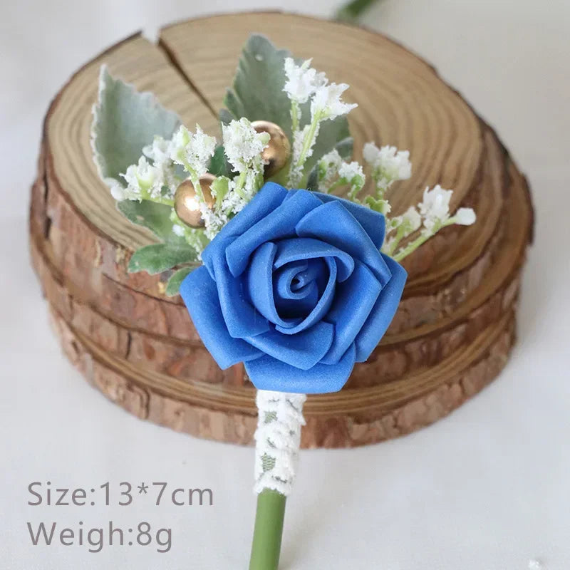 Boutonnieres Flowers Artificial White Roses Silk Ivory Corsage Buttonhole Groomsmen Boutonniere for Men Wedding Accessories Oasis Select Blue