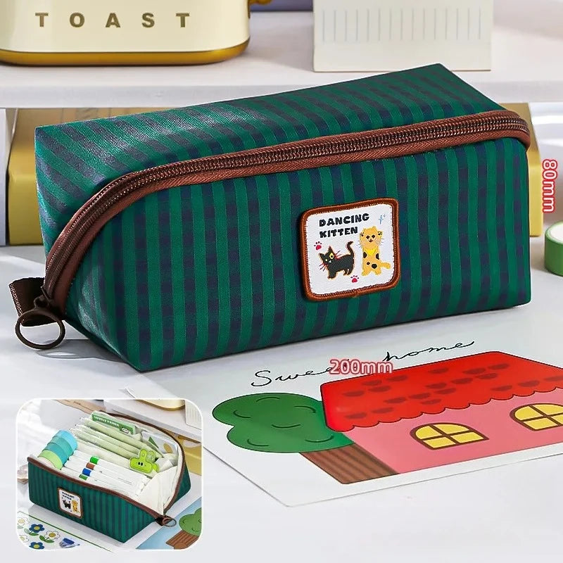 1PCs Cartoon Checkered Large Capacity Pencil Case Student School Desktop Storage Stationery Multi Layer Pen Bag Oasis Select green
