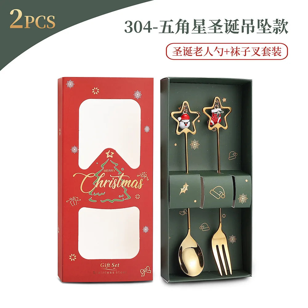 Christmas Spoon Set Santa Doll Cutlery Set Cute Dessert Spoons Holiday Tableware Two Piece Set for Christmas Gift Decoration Oasis Select Style2