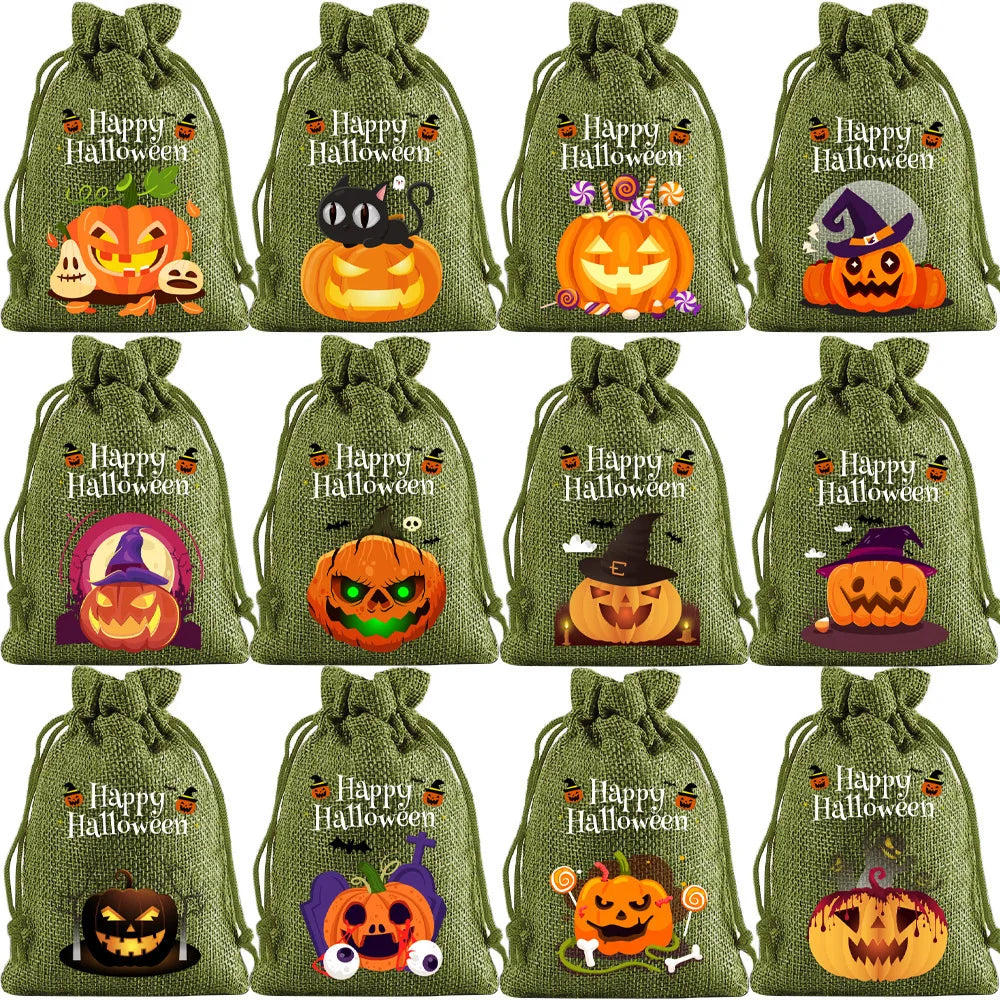 StoBag 12pcs Wholesale Halloween Linen Bag Gift Candy Packaging Drawstring Small Storage Kids Child Pouches Trick or Treat Party Oasis Select E-12PCS other