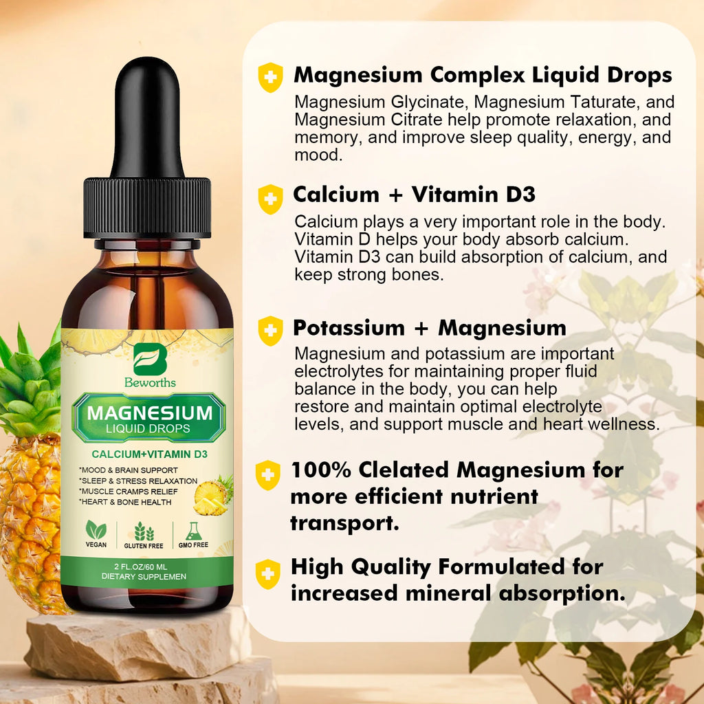 Beworths Magnesium Glycinate Drops with Pineapple Flavor Relieve Stress,Improve Sleep Quality Support Sleep,Muscle &Joint Health Oasis Select