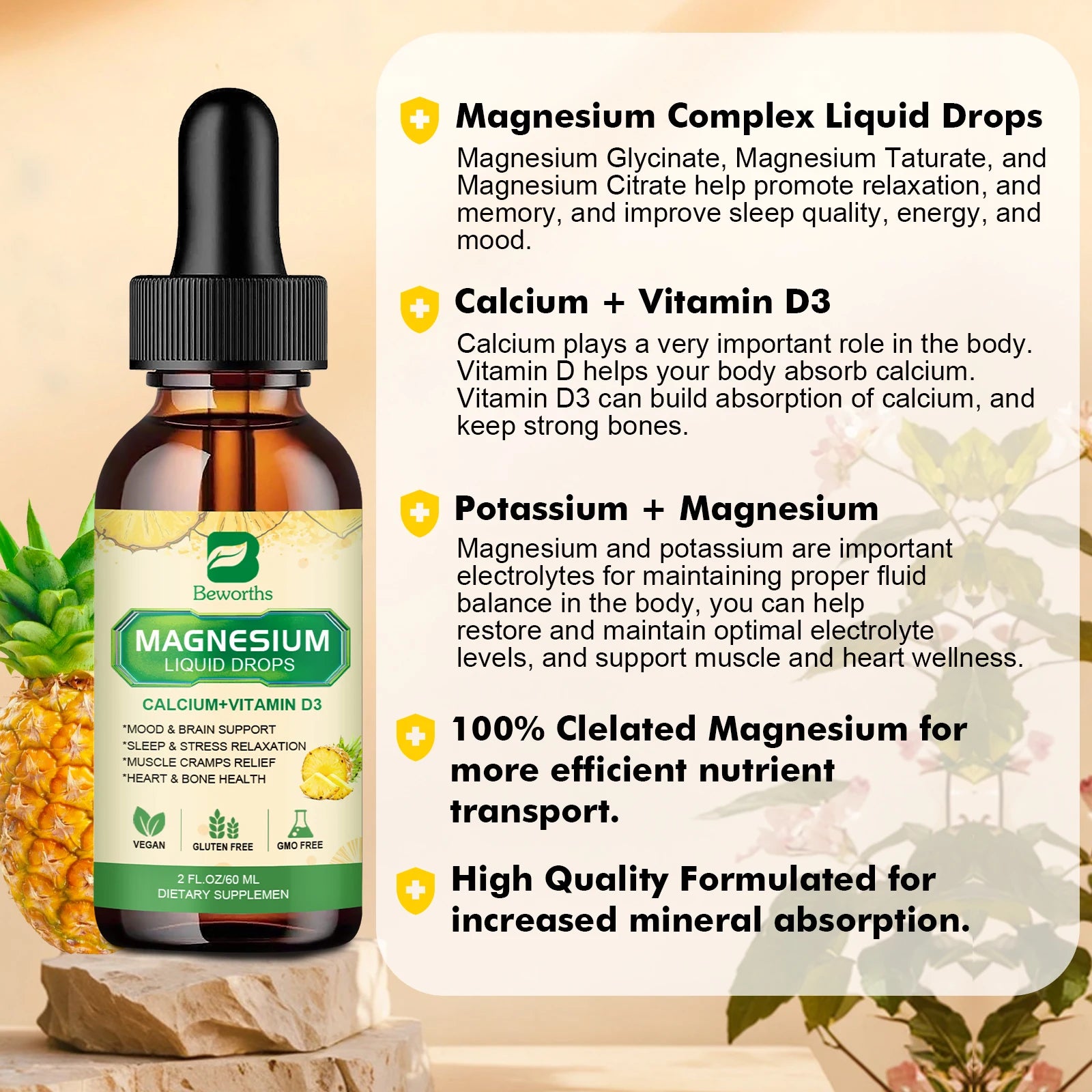 Beworths Magnesium Glycinate Drops with Pineapple Flavor Relieve Stress,Improve Sleep Quality Support Sleep,Muscle &Joint Health Oasis Select
