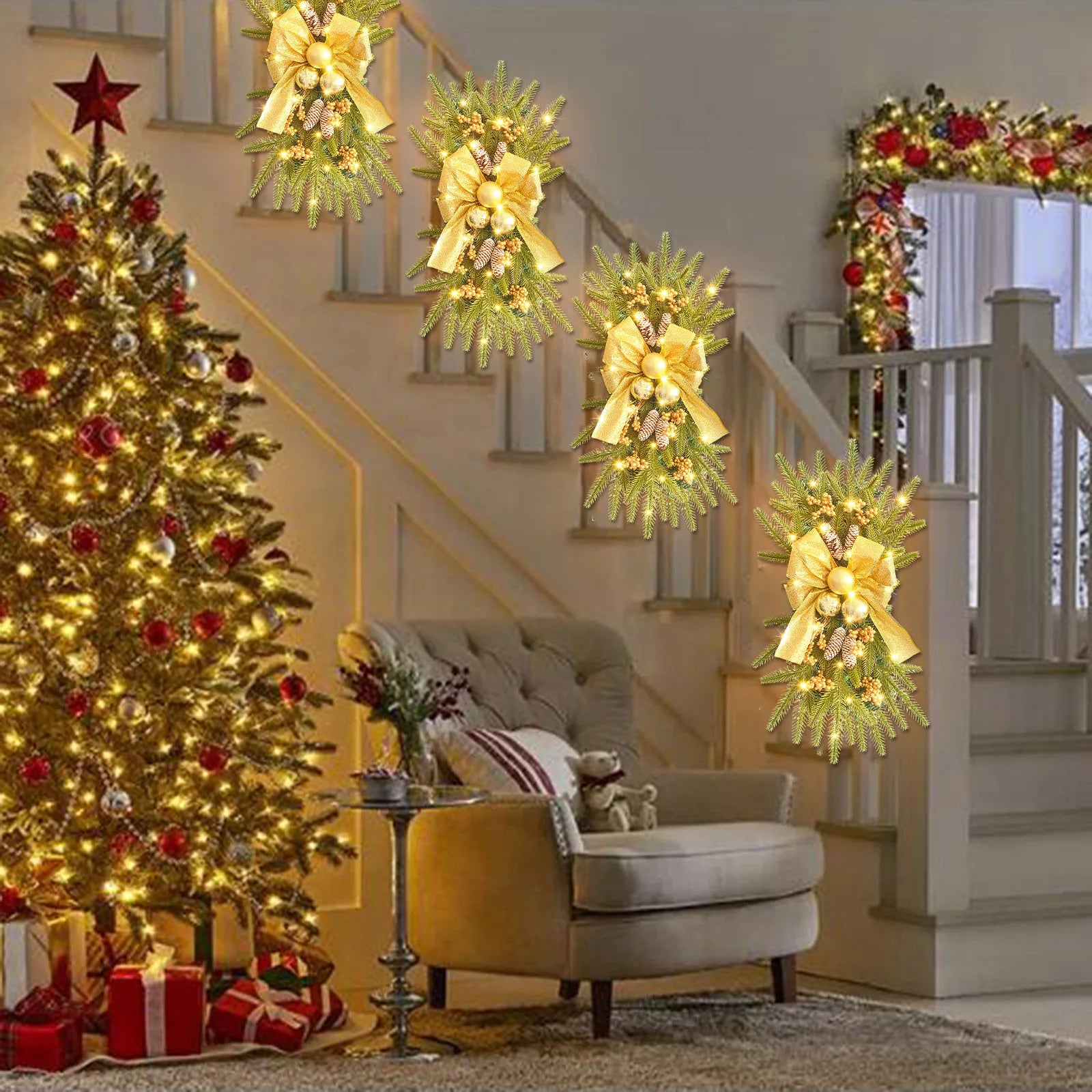 Christmas Wreath Bow Upside-down Tree Wreath Staircase Corridor Christmas Decoration Props Oasis Select