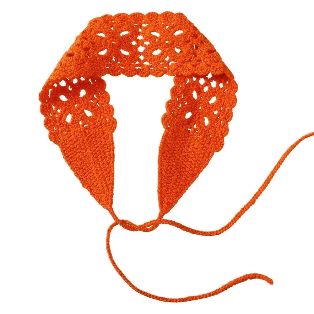 Boho Floral Headband Handmade Solid Color Knit Hair Band Hollow Out Crochet Hair Scarf Oasis Select Orange