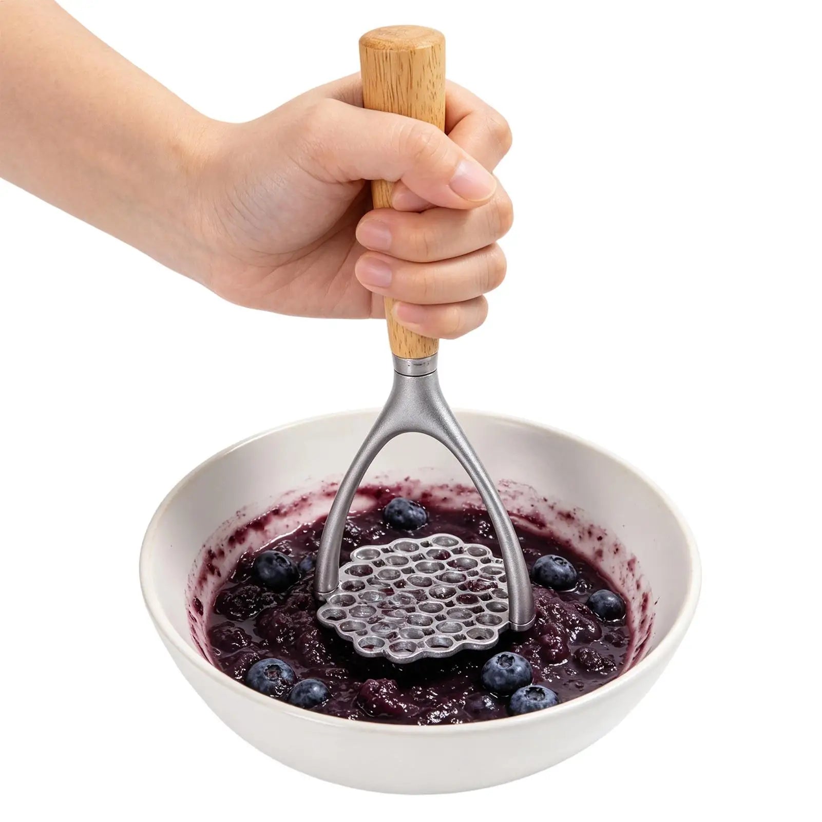 Mashed Potato Masher Double Arc Wooden Handle Kitchen Tool Potato Ricer Food Smasher for Avocado Bananas Carrots Soft Fruits Oasis Select