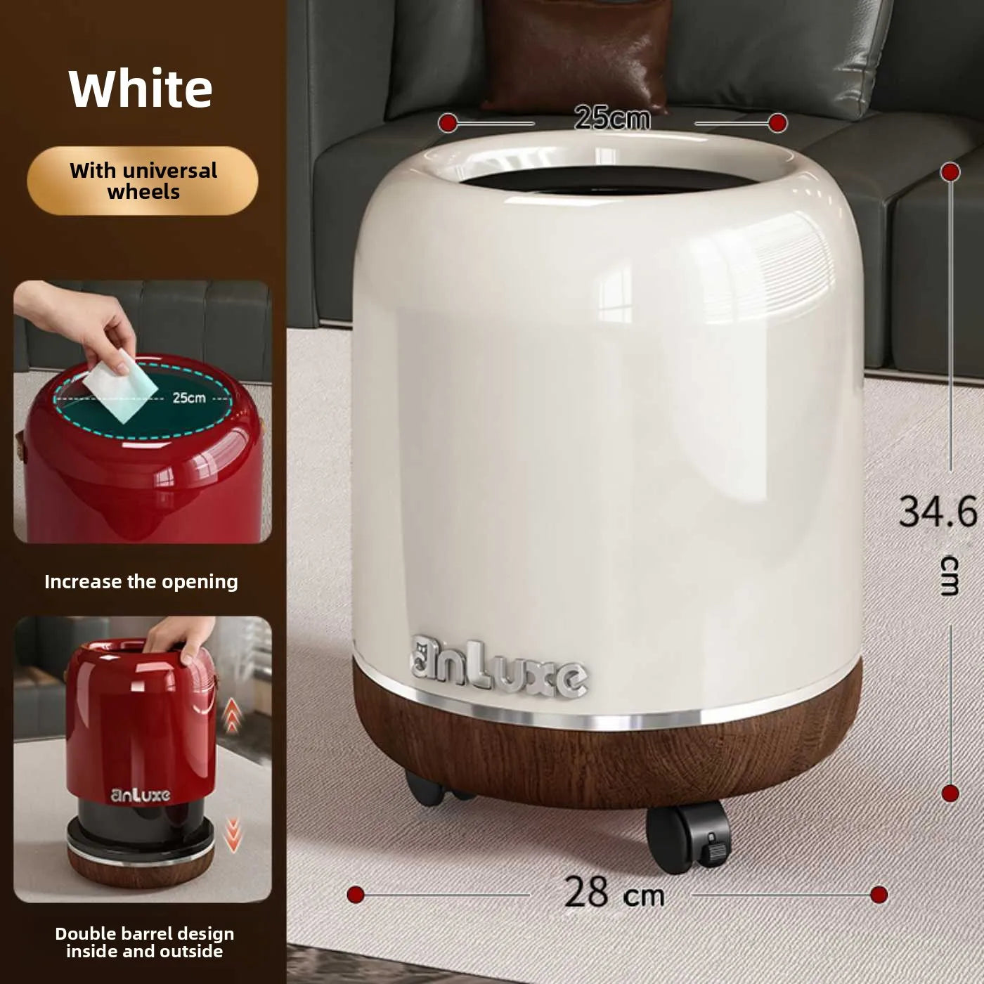 Household uncovered living room trash can 2026 new bedroom light luxury high-end large-capacity movable paper basket with wheels Oasis Select Pulley - Milk White
