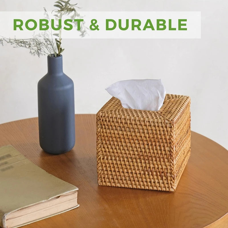 WISH Rattan Tissue Box Cover, Hand Woven Square Wicker Holder For Facial Tissues, For Bathroom Living Room, Tissue Holders Oasis Select