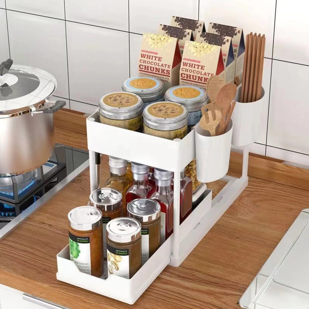 Double-Layer Pull-Out Kitchen Storage Rack, Non-Slip and Stable, Multifunctional Storage Box with Five Hooks, Under-Sink Oasis Select