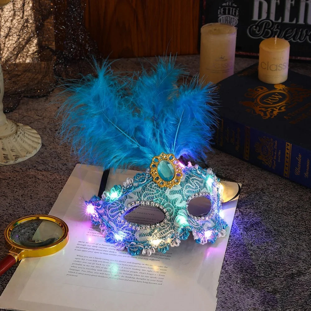 1Pcs Venetian Venice Glowing Feather Led Masks Woman Fancy Dance Party Eye Mask Carnival Halloween Masquerade Cosplay Costume Oasis Select