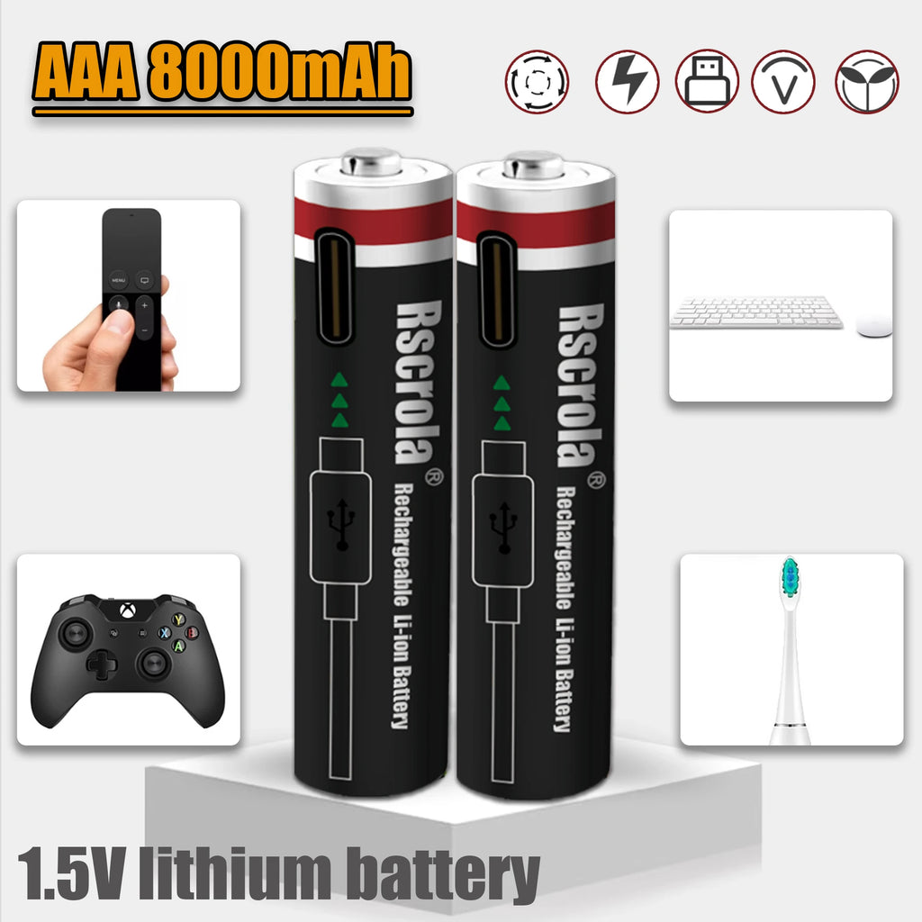 AAA 1.5V 8000mAh Lithium Batteries USB Rechargeable AAA Battery with 4-in-1 USB Cable for Toys Camera Flashlight Oasis Select