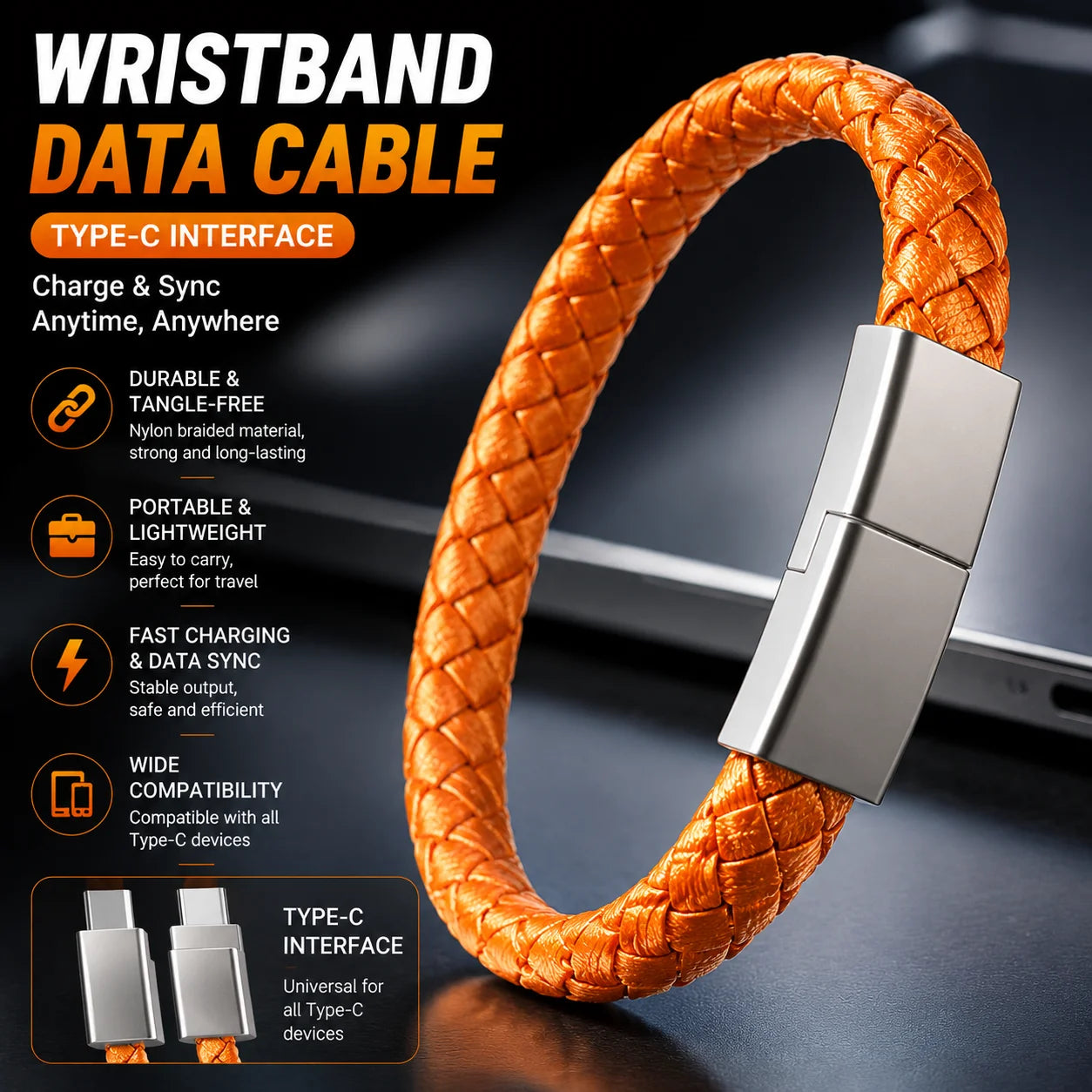 USB-C Bracelet Charging Cable | 240W Fast Charge Wristband