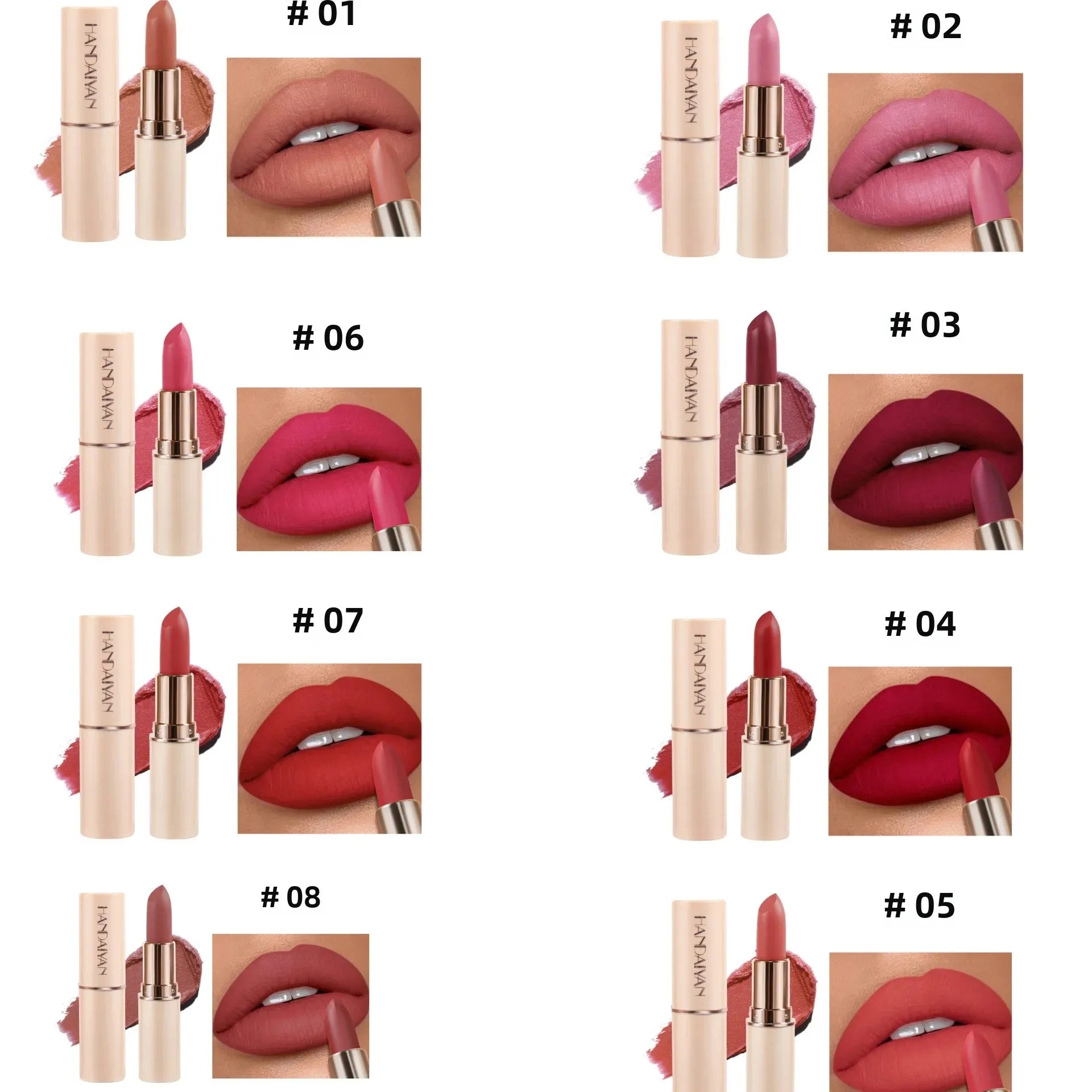 Handaiyan Matte Velvet Lipstick – Waterproof, 8 Colors