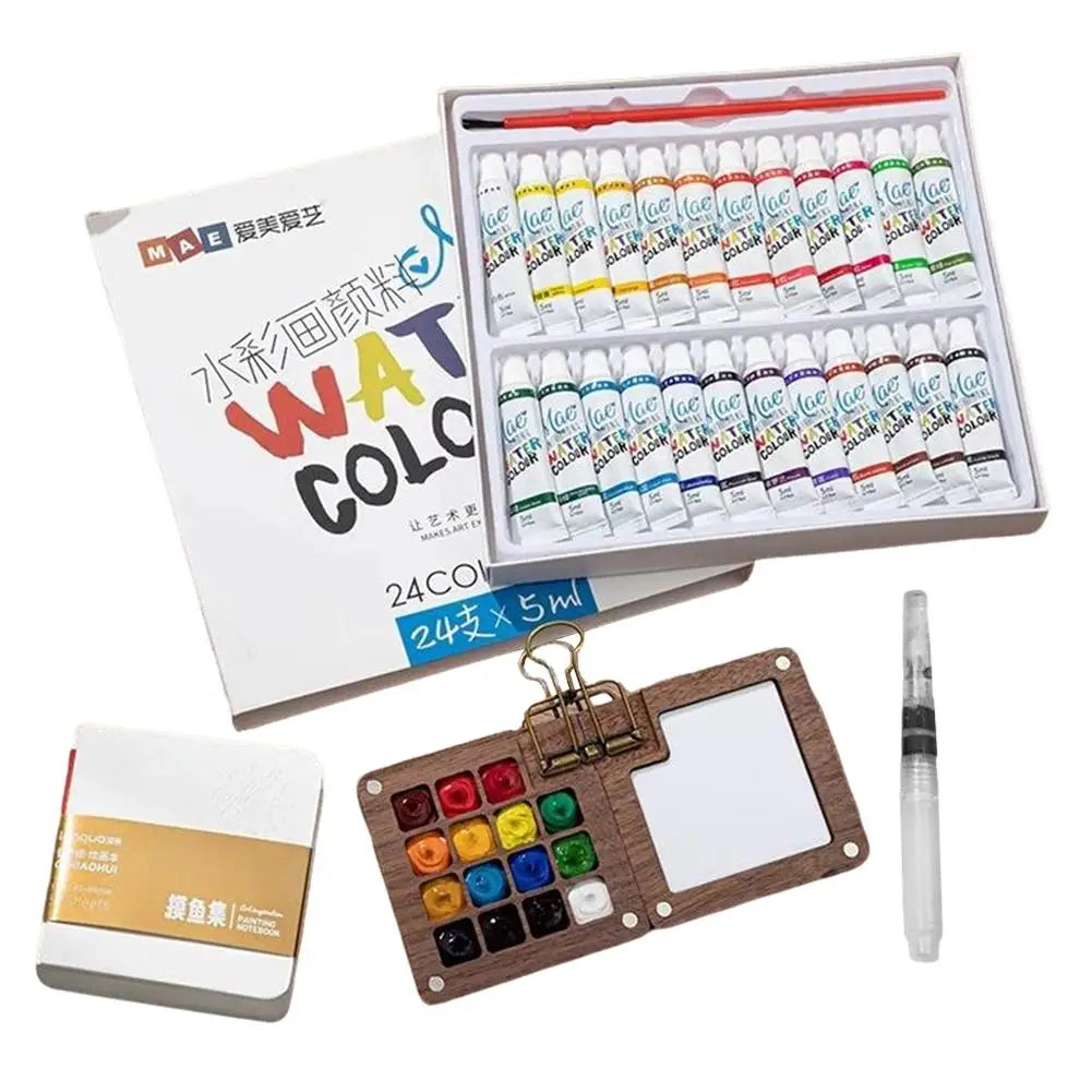 Travel Watercolor Palette Set – Wooden Paintbox & Sketchbook