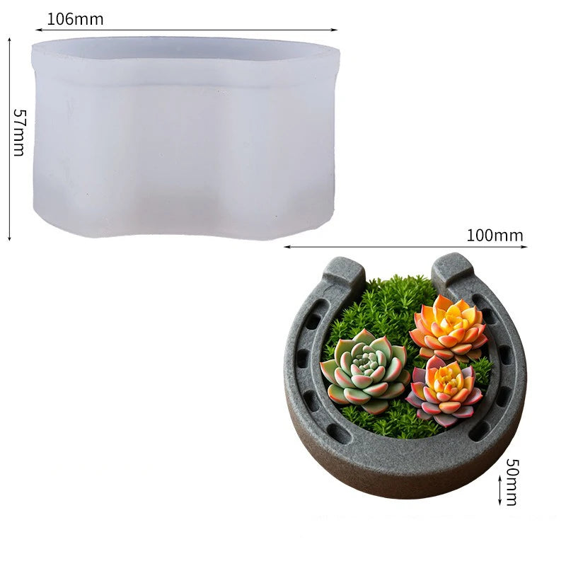 Lucky Horseshoe Concrete Flower Pot Mold, Retro Cement Planter Silicone Mould, DIY Ashtray Storage Tray Resin Tool Oasis Select White