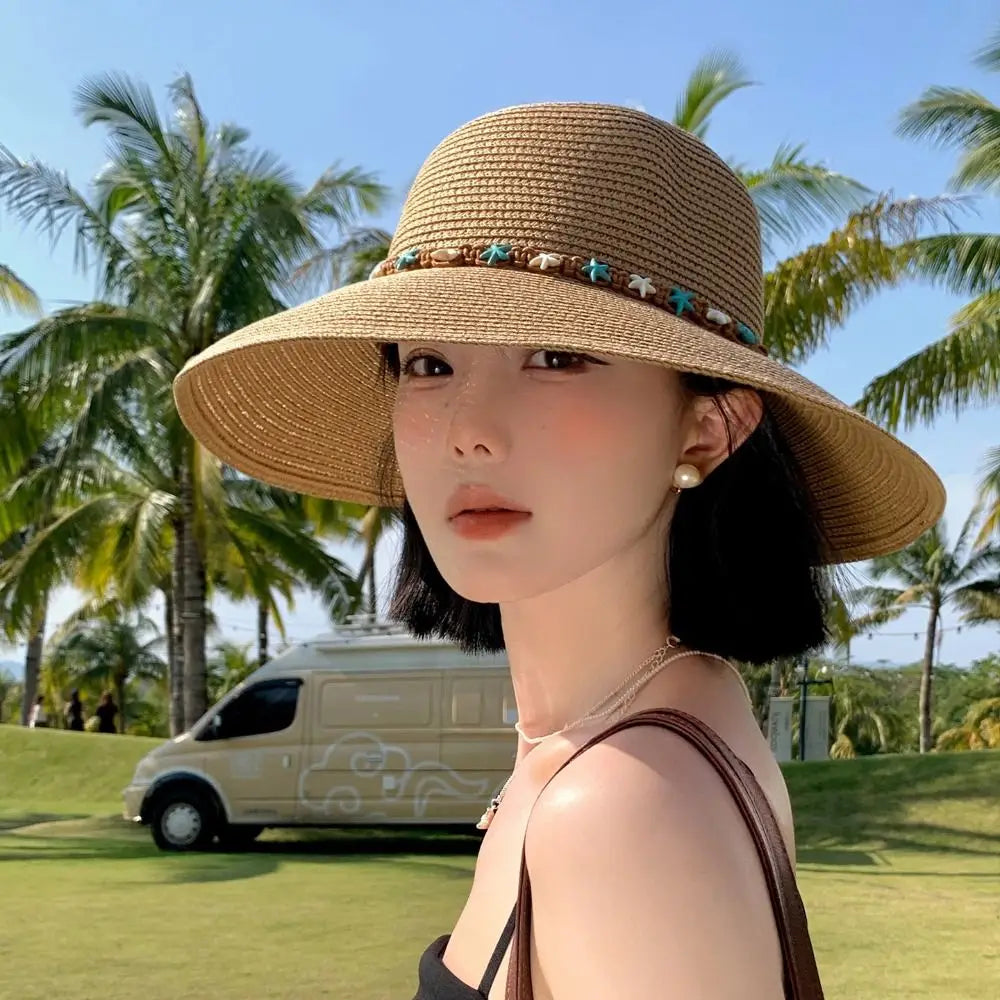 New Starfish Straw Hat Sun Protection Foldable Woven Hat Wide Brim Elegant Sunshade Hat Summer Oasis Select