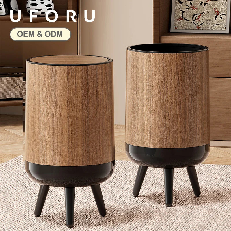Wood-grain trash can, classical-style trash can with feet, clamshell non-bending trash can, suitable for living room, kitchen, Oasis Select