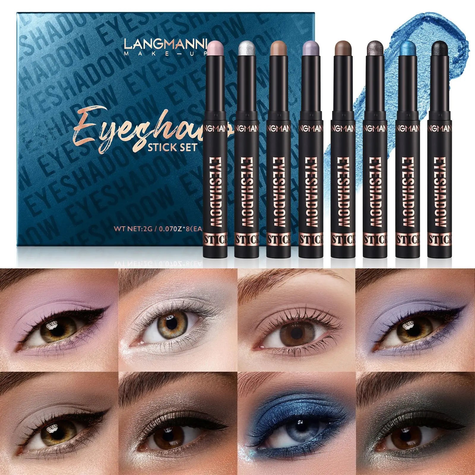 Langmanni 16 Metallic Eyeshadow Sticks – 8 Colors, Waterproof