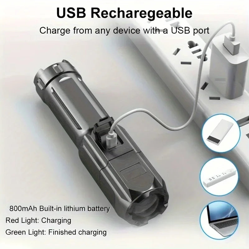 LED Tactical Flashlight USB Rechargeable Waterproof Zoomable