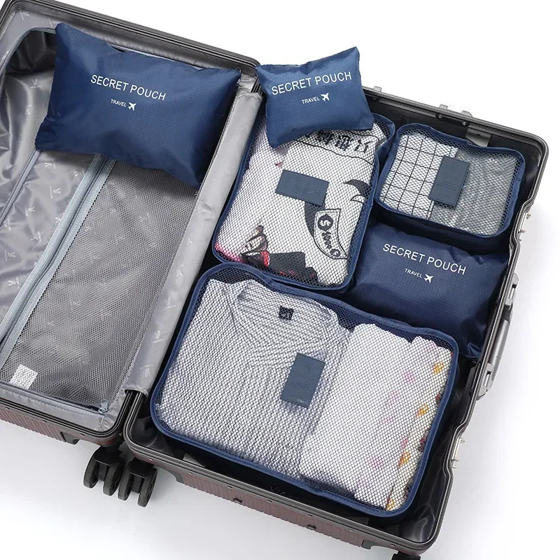 6pcs Set Travel Storage Bags Suitcase Packing Set Storage Cases Portable Luggage Organizer Clothes Shoe Foldable Organizer Oasis Select NavyBlue