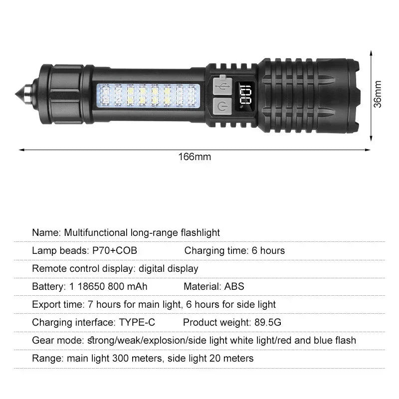 Portable Rechargeable Flashlight Multi-Function Outdoor Specific LED Flashlight With COB Warning And Searchlight Oasis Select SJ004-3
