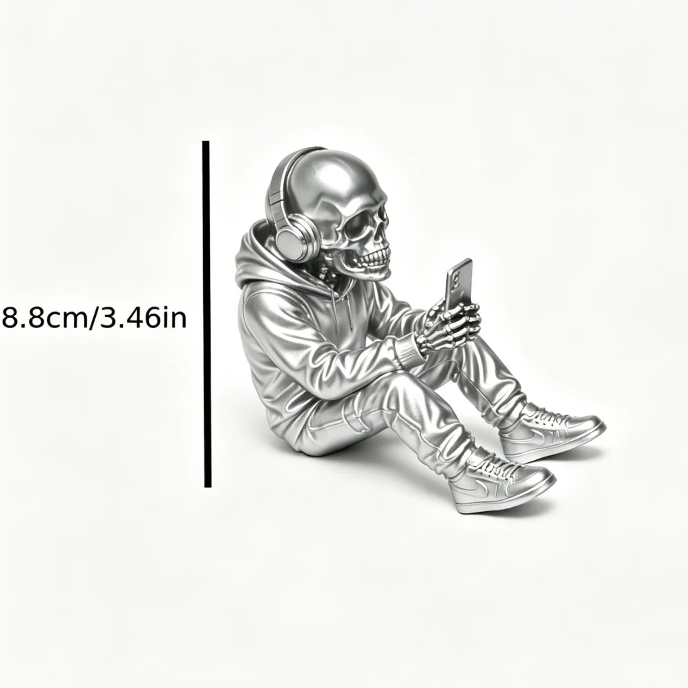 Cool Trendy Hoodie Skeleton Using Phone Ornament Figurine Skull Using Phone Edgy Desk Ornament Decor for Urban Minimalist Spaces Oasis Select Silver skeleton