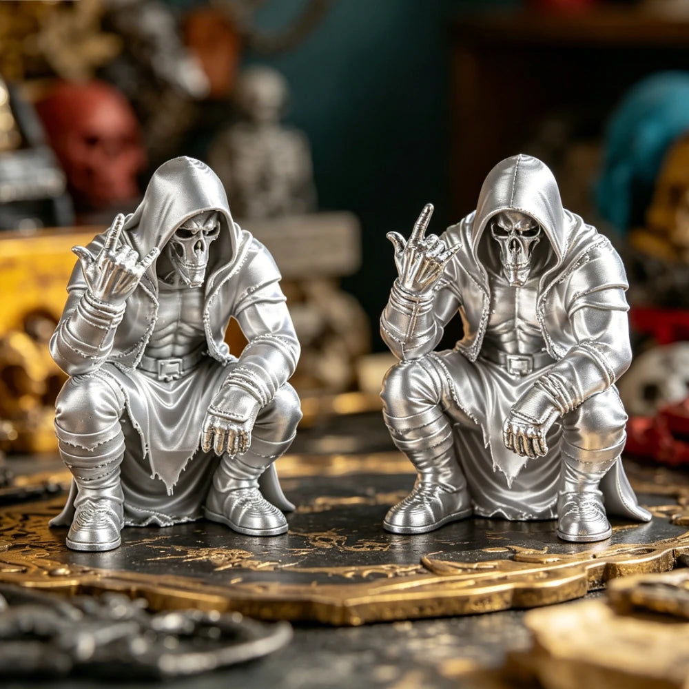 Creativity Hooded Skull Figurine Ornaments Squatting Gothic Grim Reaper Statue Handicraft Desktop Ornament for Home Office Decor Oasis Select