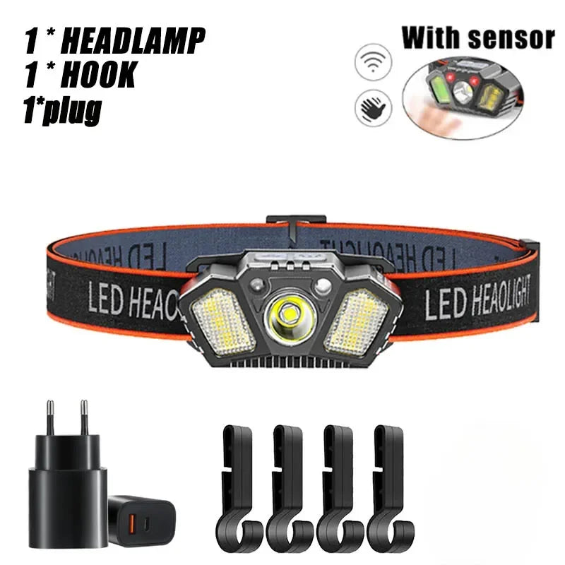 LED Induction Mini Strong Light Headlight Charging Work Light Waterproof Outdoor Multifunctional Camping Light Fishing Light Oasis Select plug Add hooks 1