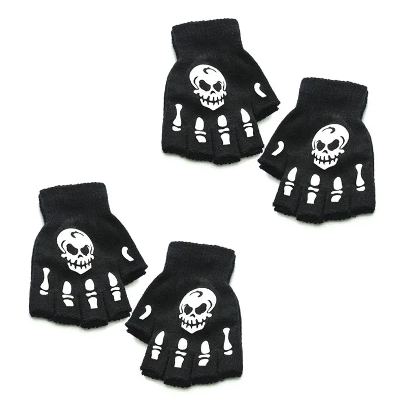 1/2/3/4pairs Adult Kids Halloween Skull Half-Finger Punk Gloves Winter Skull Fingerless Black Gloves Oasis Select 02-2pairs