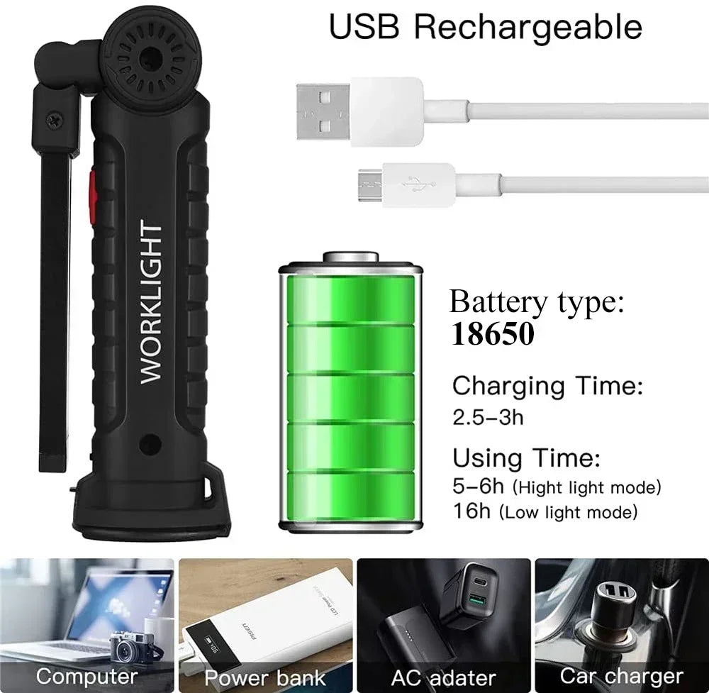 ESMARTER COB LED Work Light USB Rechargeable Magnetic Hook
