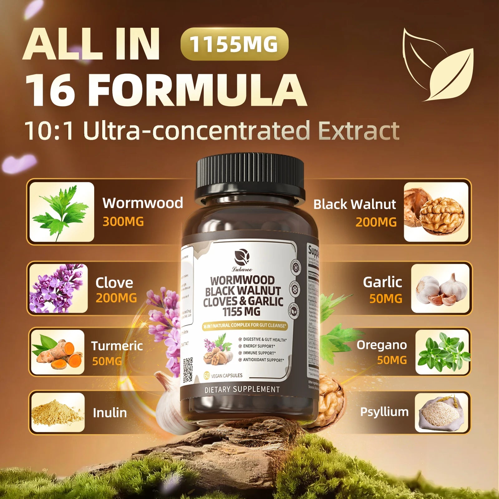 Lukaree 16-in-1 Black Walnut Wormwood Capsules,Rapid Gut Cleanse&Digestive Health with Clove Garlic Turmeric,Liposomal Delivery Oasis Select