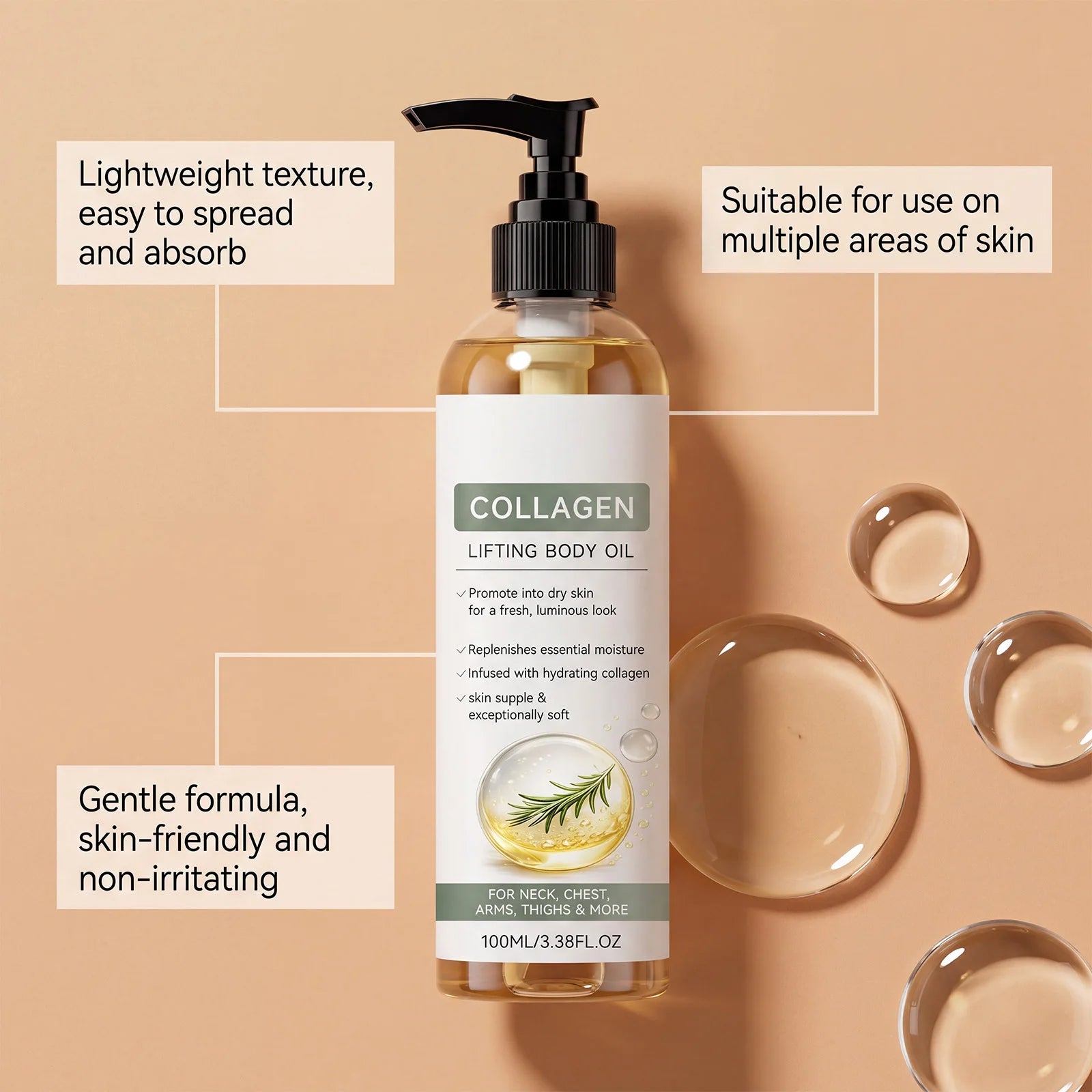 2026 New Collagen Body Oil Lifting Firming Hydrating Massage Oil Dry Skin Smooth Non-Greasy 100ml Rosemary After Shower Body Oil Oasis Select