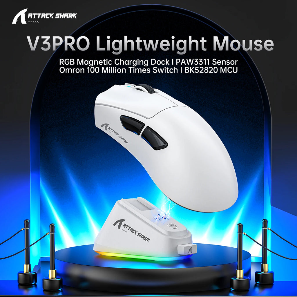 ATTACK SHARK V3Pro Wireless Gaming Mouse Tri-Mode 2.4G/BT/Wired PAW3311 25000DPI 65g Lightweight Magnetic RGB Charging Dock Oasis Select