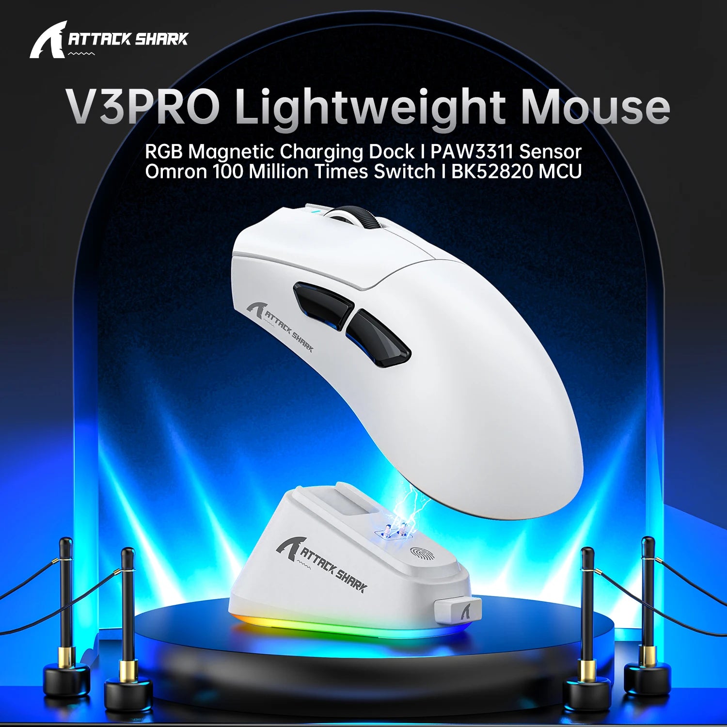 ATTACK SHARK V3Pro Wireless Gaming Mouse Tri-Mode 2.4G/BT/Wired PAW3311 25000DPI 65g Lightweight Magnetic RGB Charging Dock Oasis Select