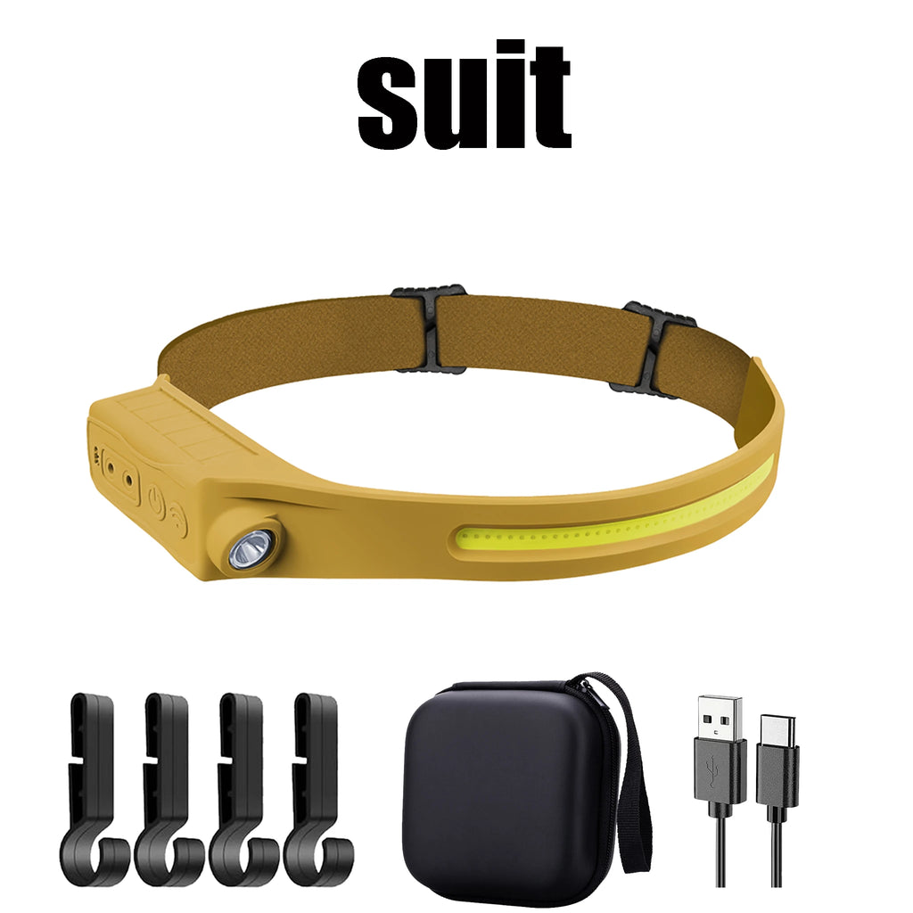 Powerful COB LED Sensor Headlamp USB Rechargeable Headlight Head Torch Work Light Head Flashlight for Fishing Lantern Camping Oasis Select Yellow suit