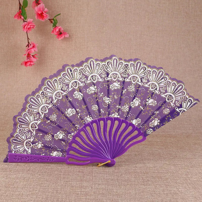 Little Flower Rose Folding Fan Ancient Style Held Dance Fans Party Wedding Prom Dancing Summer Fan Accessories Oasis Select Purple-1pc