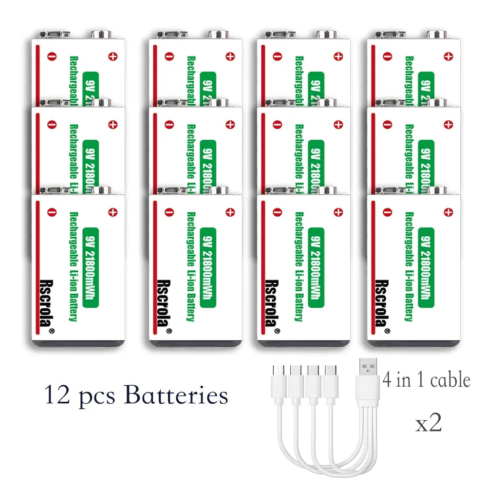 21800mWh High Capacity Rechargeable 9V Lithium ion Battery with USB-C for Guitar Microphone Smoke Detector Pedal with Cable Oasis Select 12 pcs 9v Batteries 9v
