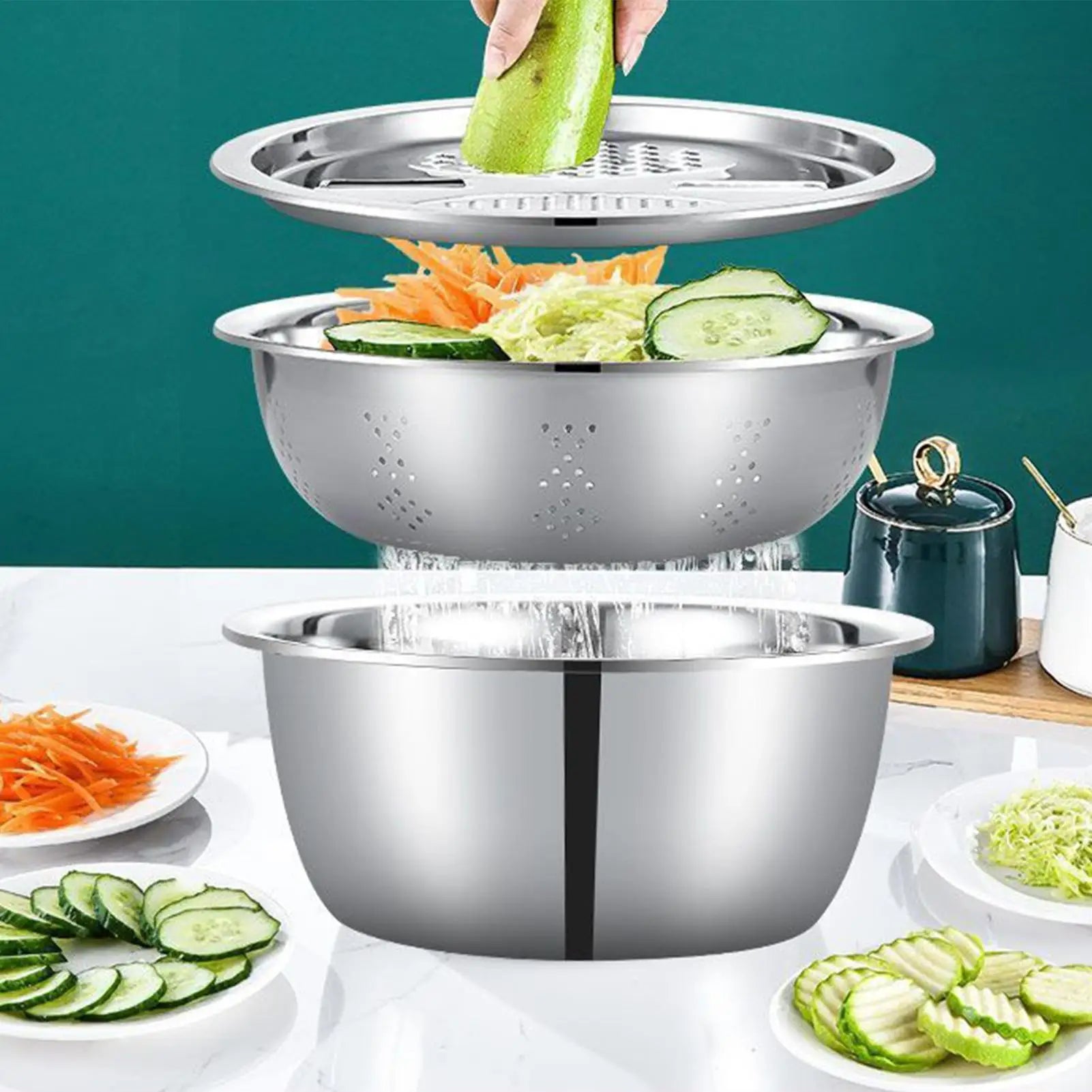 Mixing Bowls Set Vegetable Stainless Steel Slicer Vegetable Washing Basin Drain Basket Multifunctional Mixing Bowls Kitchen tool Oasis Select