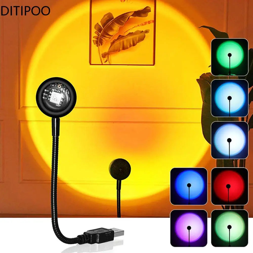 7 Colors Sunset Lamp USB Powered Rainbow Projector Lamp Bedroom Atmosphere Night Light 14 Modes Photography Background Lights Oasis Select