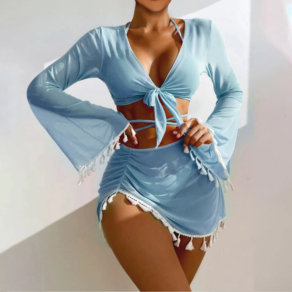 Solid Color Sexy Fashion Slim Fitting Beach Swimwear For Lady Split Lightweight Strap High Waist Pleated Cover-up Four-Piece Set Oasis Select Sky Blue M