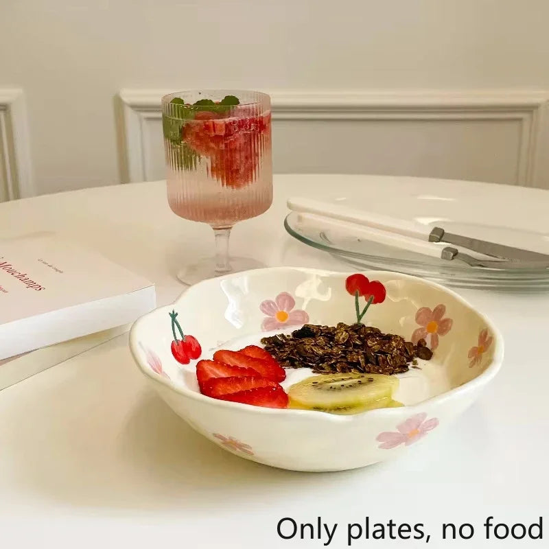 1PCS Ceramic Salad Bowl Hand Pinched Irregular Ins Korean Style Cream Yellow Yogurt Bowl Oatmeal Breakfast Plates Flower Bowl Oasis Select Pink
