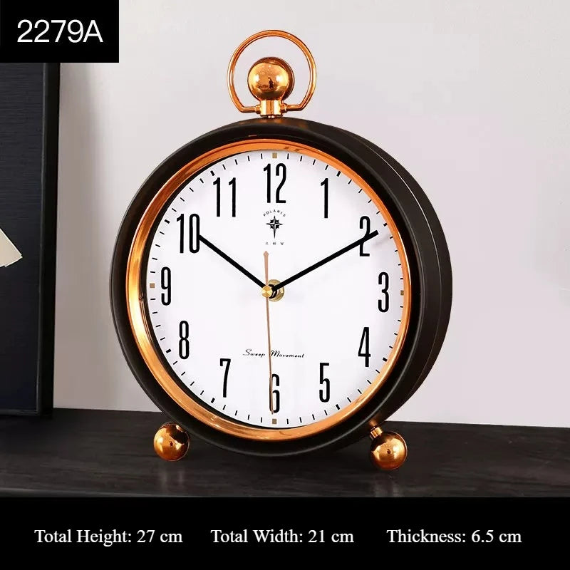 European Vintage Retro Table Clock Silent Non-Ticking Desk Clock Luxury Mantel Clock Home Living Room Desktop Ornament Oasis Select Black